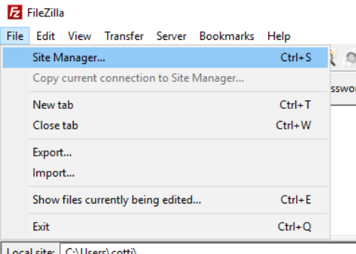 Example of FileZilla&apos;s File options with Site Manager indicated