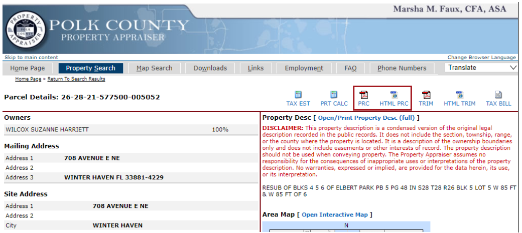 Parcel details page with both the PRC and HTML PRC icon indicated