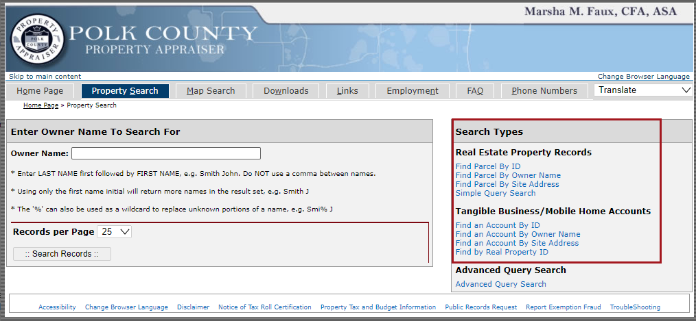 An example of the Property Search page with the Search Types section indicated