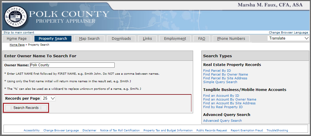 An Example of the Property Search page with the Search Records button indicated